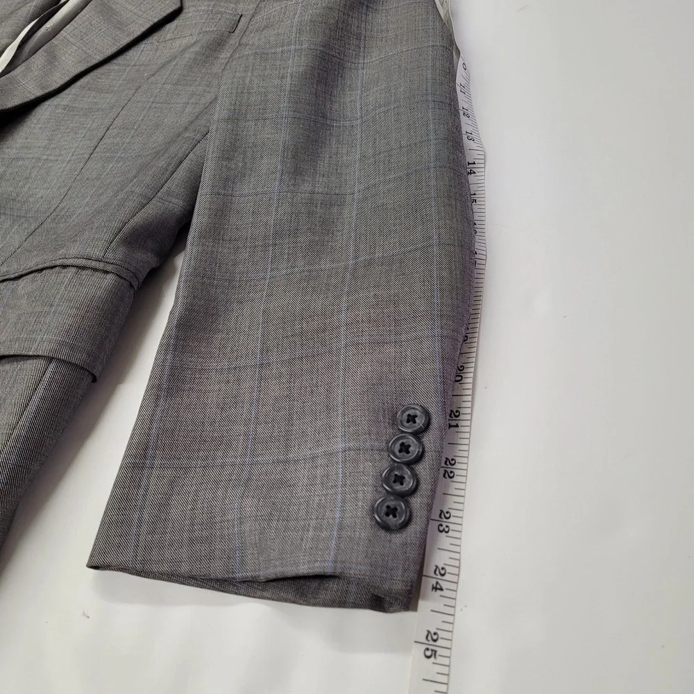 TOM JAMES Mens Gray Plaid Wool Blend Suit Jacket‎ Blazer 42R Custom Tailored USA
